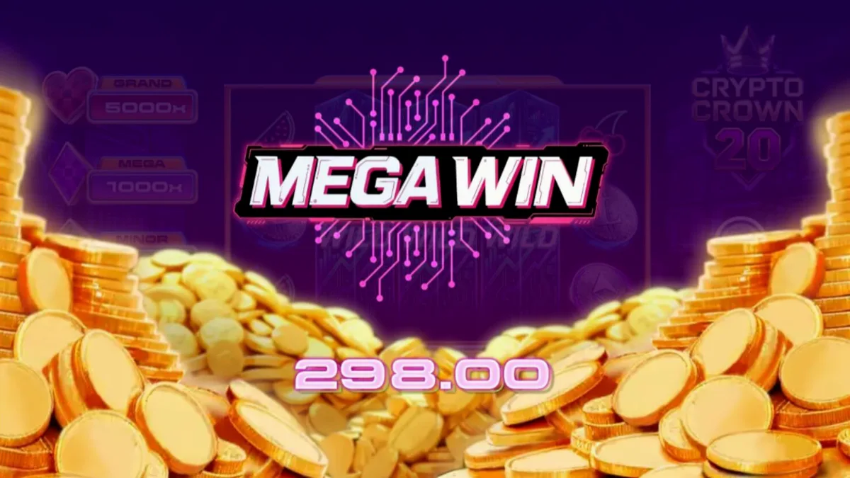 Interface do jogo de slot Crypto Crown 20 com tema de criptomoedas e luzes neon