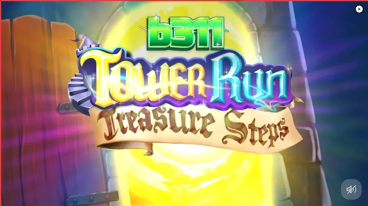 Captura de tela do jogo Tower Run Treasure Steps da Play’n GO, mostrando Bob, o aventureiro pixelado, subindo uma torre mística com símbolos de tesouro e monstros.
